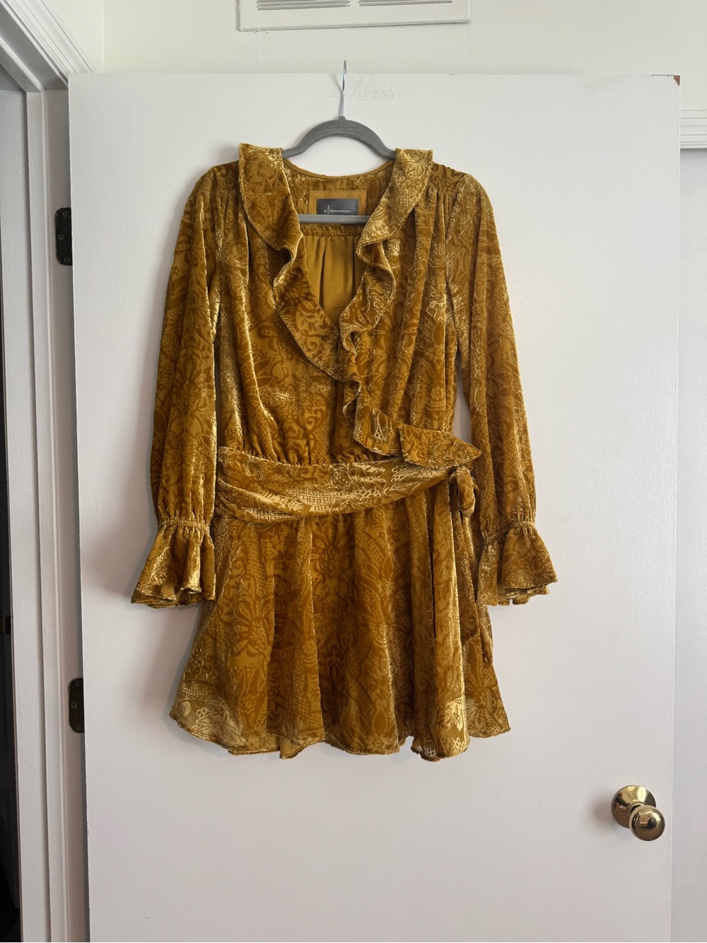 Anthropologie Mustard Gold Velvet Ruffle Tie-Waist Dress